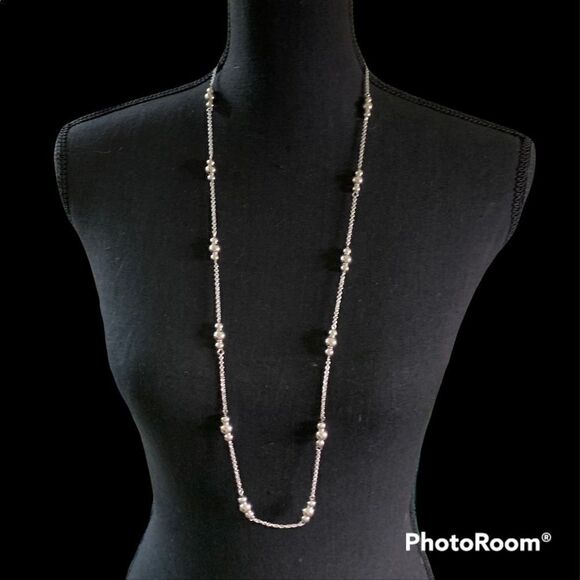 Silver Tone Chain & Bead Necklace + Dangle Earrings Set Shiny Patina Adjustable - Picture 1 of 5